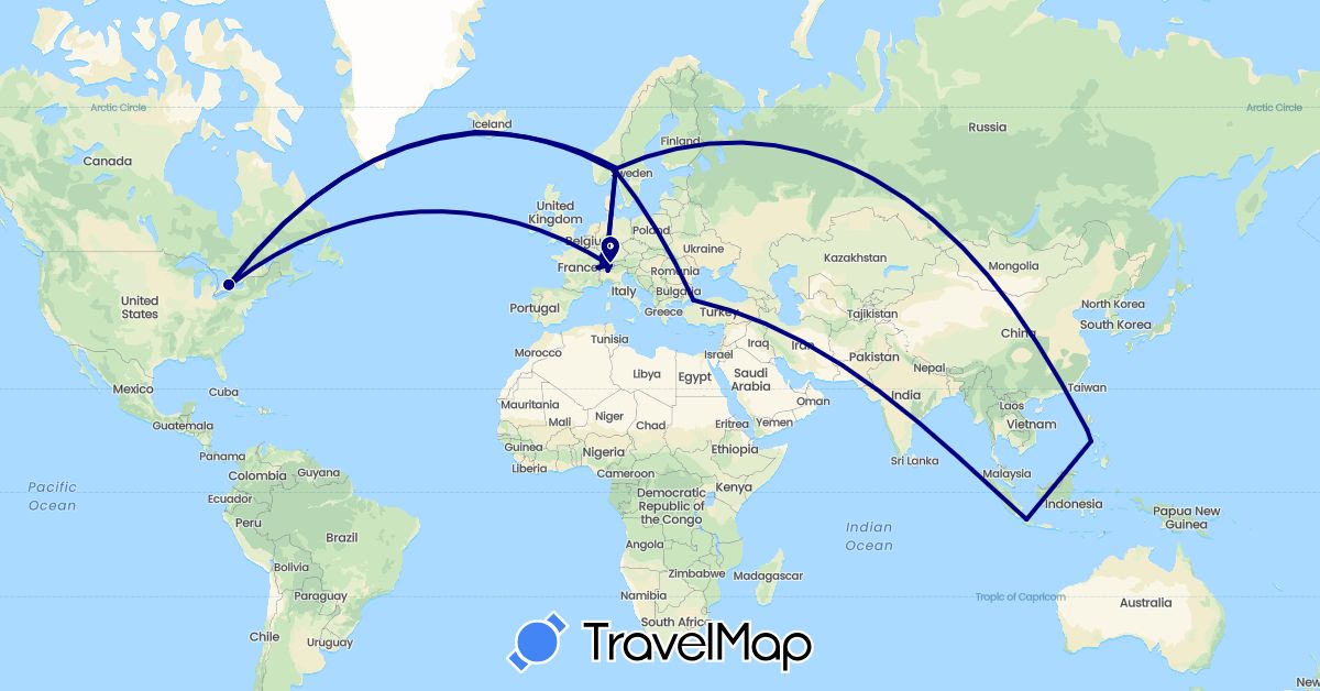 TravelMap itinerary: driving in Canada, Switzerland, France, Indonesia, Iceland, Norway, Philippines, Turkey (Asia, Europe, North America)